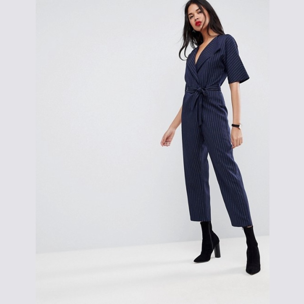ASOS Wrap Jumpsuit with Self Belt in Pinstripe